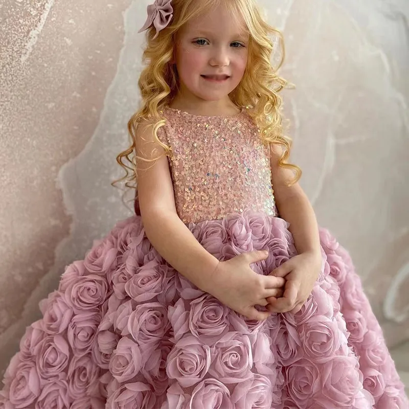 Kids Girls Fashion Elegant Sequins Sleeveless Bowknot Rose Party Dress 3-14T
