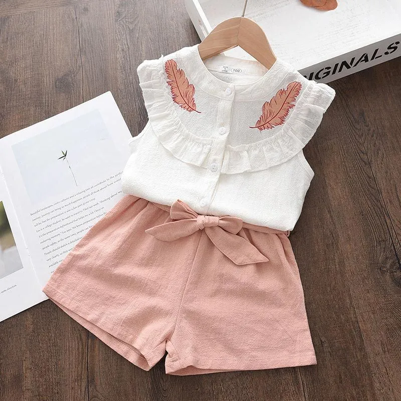 Kids Girls Fashion Casual Embroidered Lace Sleeveless Feather Shirt Loose Shorts Two Piece Set