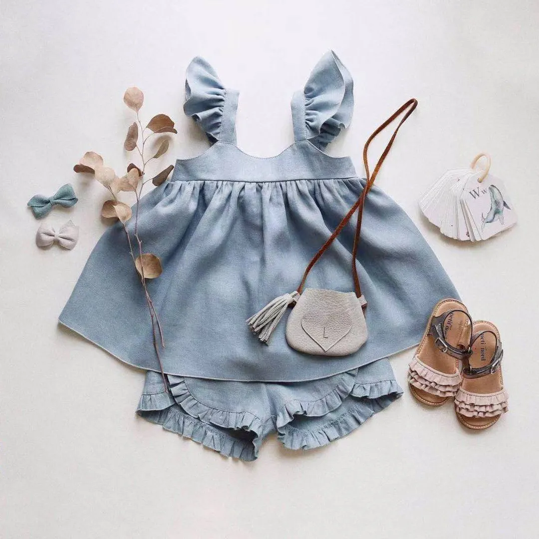 Kids Baby Girls Solid Color Cotton and Linen Flying Sleeve Dress Loose Shorts Two-Piece Set