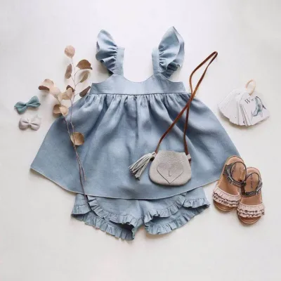 Kids Baby Girls Solid Color Cotton and Linen Flying Sleeve Dress Loose Shorts Two-Piece Set