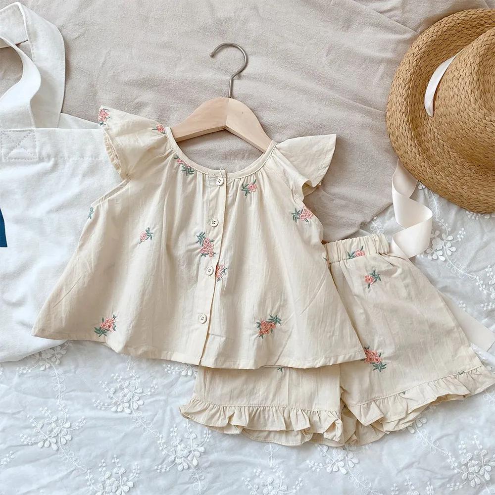 Kids Baby Girls' Embroidered Floral Flying Sleeve Tank Top and Loose Shorts Two-Piece Set
