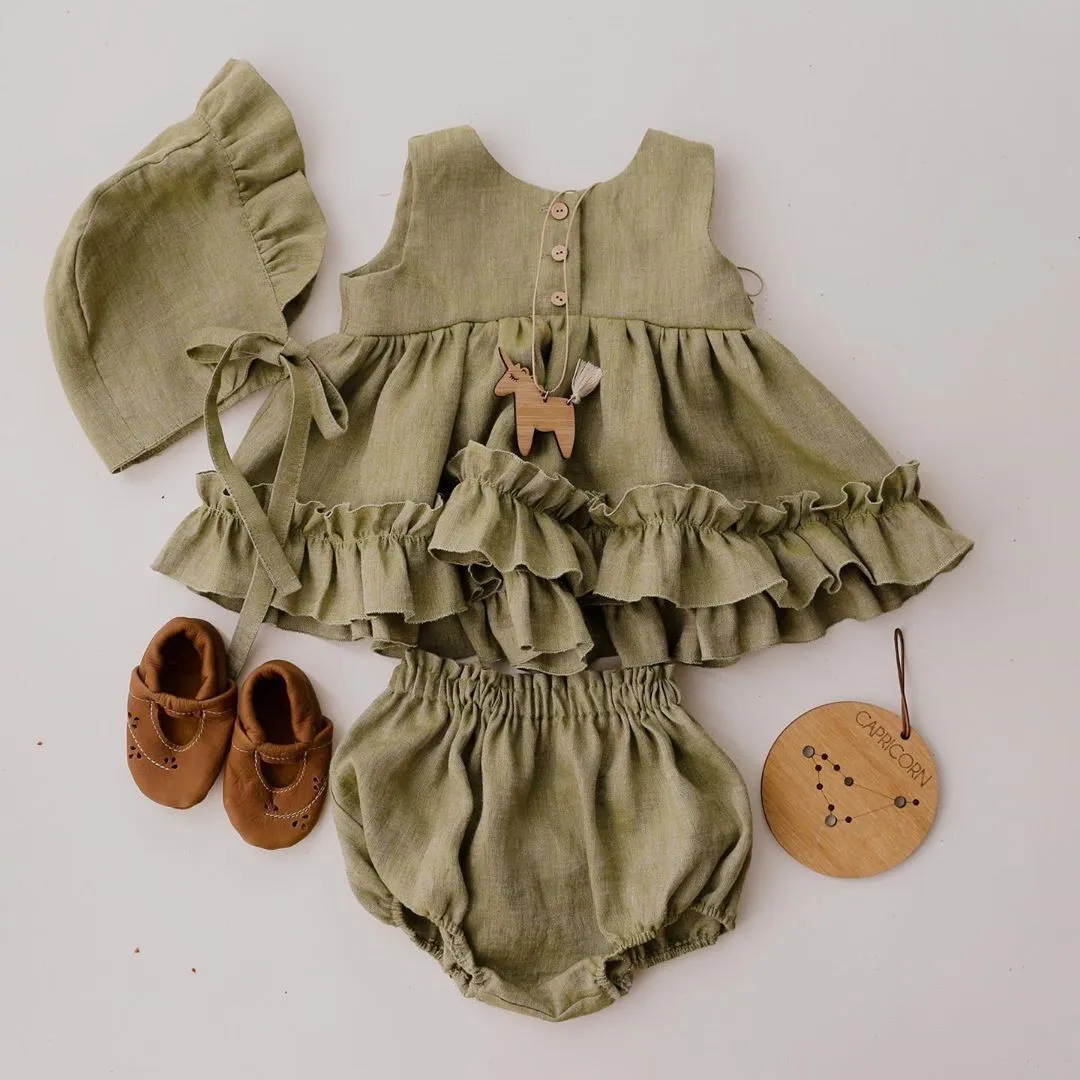 Kids Baby Girls Fashion Casual Solid Color Cotton And Linen Ruffled Sleeveless Dress Shorts Two-Piece Set