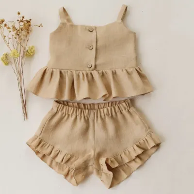 Kids Baby Girls Casual Solid Color Ruffled Camisole Loose Shorts Two-Piece Set