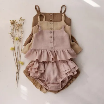 Kids Baby Girls Casual Solid Color Ruffled Camisole Loose Shorts Two-Piece Set