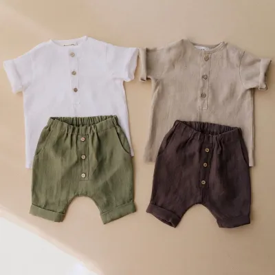 Kids Baby Boys Fashion Casual Solid Color Cotton Linen Short-Sleeve Shirt and Pants Two-Piece Set