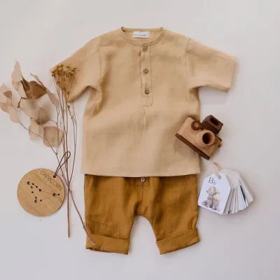 Kids Baby Boys Fashion Casual Solid Color Cotton Linen Short-Sleeve Shirt and Pants Two-Piece Set