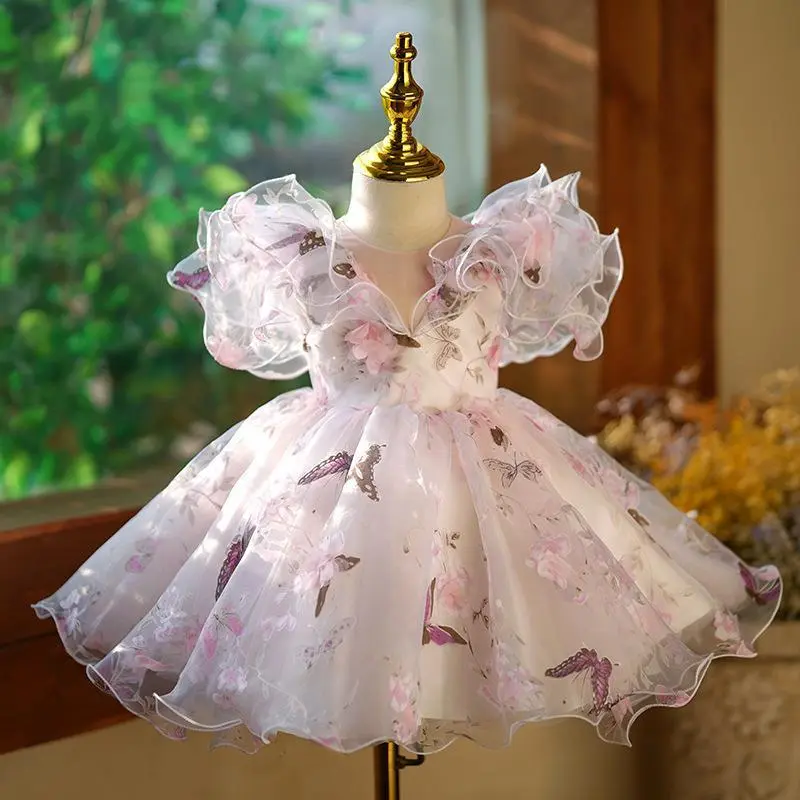 Kids Girl's Elegant Butterfly Flower Print Flutter Sleeve Puffy Party Dress 3-14T