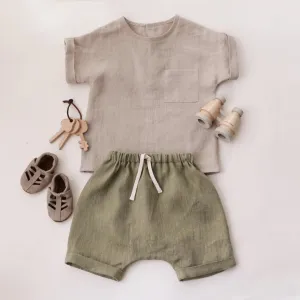Kids Boys Fashion Casual Solid Color Linen Cotton Short-Sleeve Shirts Loose Shorts Two-Piece Set