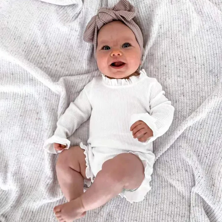 Kids Baby Boys And Girls Cotton Solid Color Ruffled Long Sleeve Bodysuit Shorts Two-Piece Set