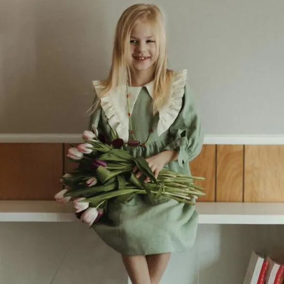 Kids Girls Color Block Cotton Linen Ruffled Lapel Long-Sleeve Loose Dress