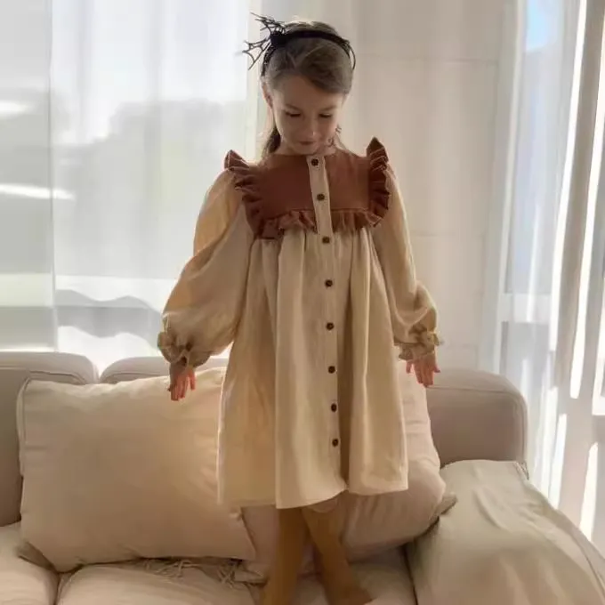Kids Girls Fashion Elegant Color-Block Cotton Linen Ruffled Lapel Long-Sleeve Loose Dress