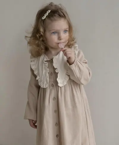 Kids Girl's Fashion Casual Color Block Cotton Linen Lapel Long-Sleeve Loose Dress