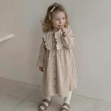 Kids Girl's Fashion Casual Color Block Cotton Linen Lapel Long-Sleeve Loose Dress