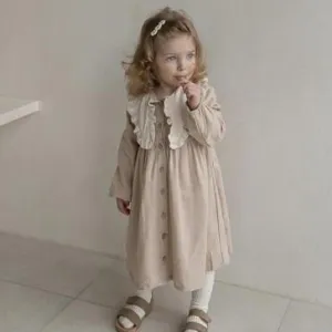 Kids Girl's Fashion Casual Color Block Cotton Linen Lapel Long-Sleeve Loose Dress