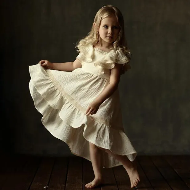 Kids Girls Elegant Solid Color Cotton Linen Ruffled Sleeve Loose Dress Sleeveless
