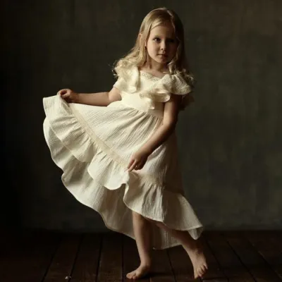 Kids Girls Elegant Solid Color Cotton Linen Ruffled Sleeve Loose Dress Sleeveless