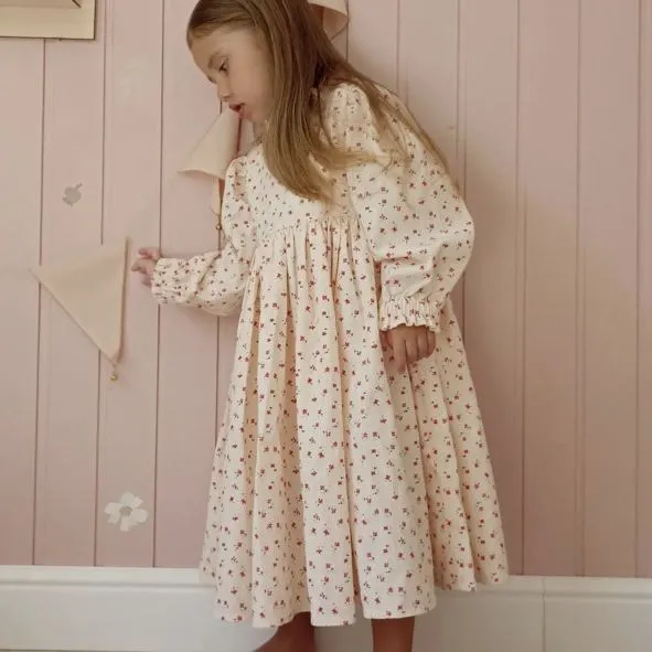 Kids Girls' Fashion Casual Cotton Flower Printed Long-Sleeve Loose A-Line Dress
