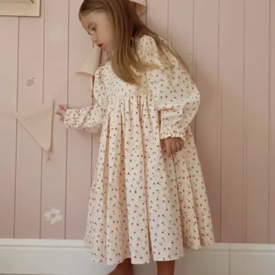 Kids Girls' Fashion Casual Cotton Flower Printed Long-Sleeve Loose A-Line Dress