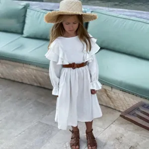 Kids Girl's Cotton Linen Long-Sleeve Loose Solid Color Casual Lotus Leaf Dress