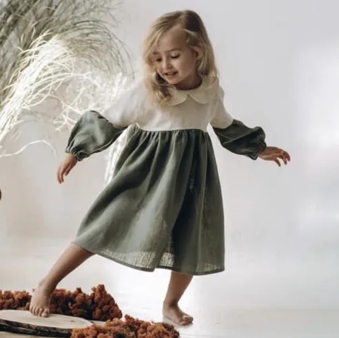 Kids Girls Casual Color Block Cotton And Linen Lapel Long Sleeve Loose A-Line Dress