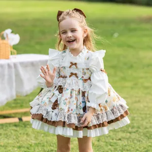 Kids Girls Cute Cartoon Printed Mesh Long-Sleeve Multi-Layer Party Dress