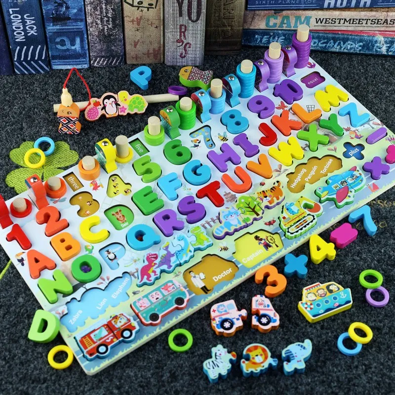 Kids Digital Alphabet Traffic Logarithmic Board Puzzle Building Blocks Early Education Teaching Wooden Fishing Toys