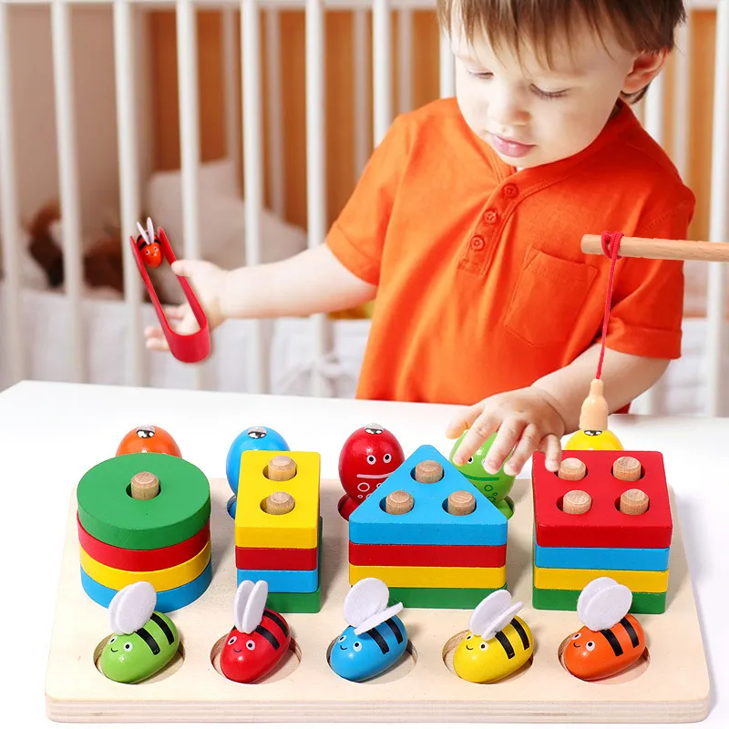 Kids Wooden Geometric Shape Matching Cognitive Early Education Fishing Toy