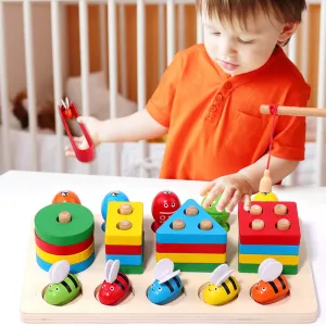 Kids Wooden Geometric Shape Matching Cognitive Early Education Fishing Toy