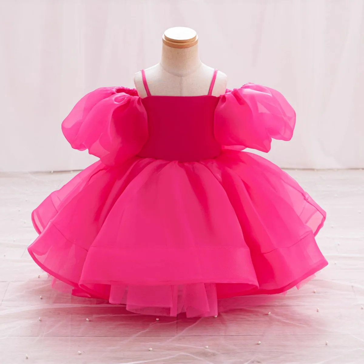 Kids Girl Fashion Elegant Solid Color Puff Sleeve Bowknot Party Dress Mesh