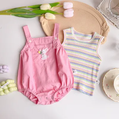 Kids Baby Girls Fashion Cute Sleeveless Tank Top Rabbit Rompers Two-Piece Cotton Set