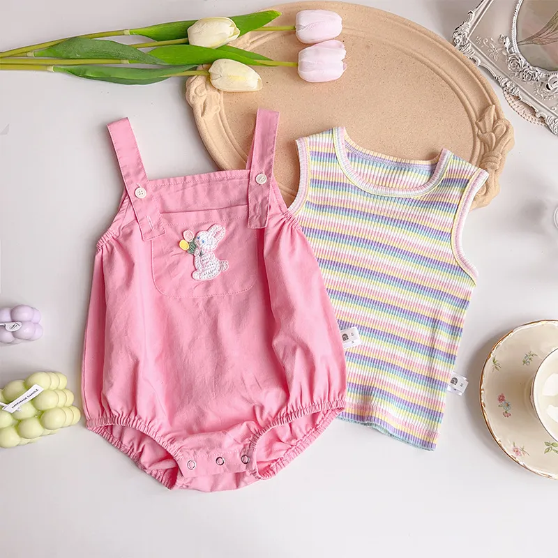 Kids Baby Girls Fashion Cute Sleeveless Tank Top Rabbit Rompers Two-Piece Cotton Set