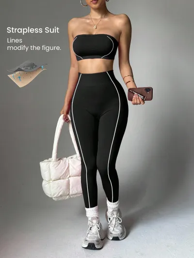 Women Fashion Sexy Line Tube Top Leggings Yoga Sports Two-Piece Set