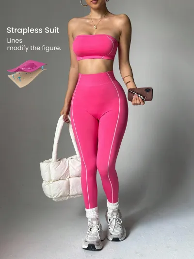 Women Fashion Sexy Line Tube Top Leggings Yoga Sports Two-Piece Set