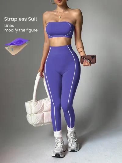 Women Fashion Sexy Line Tube Top Leggings Yoga Sports Two-Piece Set