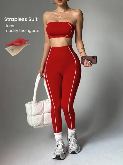 Women Fashion Sexy Line Tube Top Leggings Yoga Sports Two-Piece Set