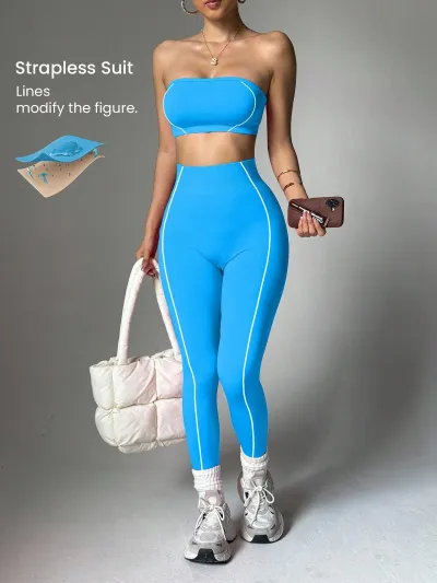 Women Fashion Sexy Line Tube Top Leggings Yoga Sports Two-Piece Set