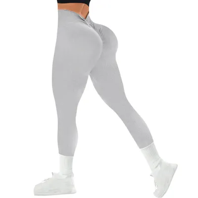 Women Fashion Sexy Solid Color Threaded V-Waist Seamless Slim-Fit Yoga Pants Leggings