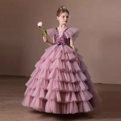 Kids Girl Fashion Elegant Solid Color Fluffy Ruffled Party Dress