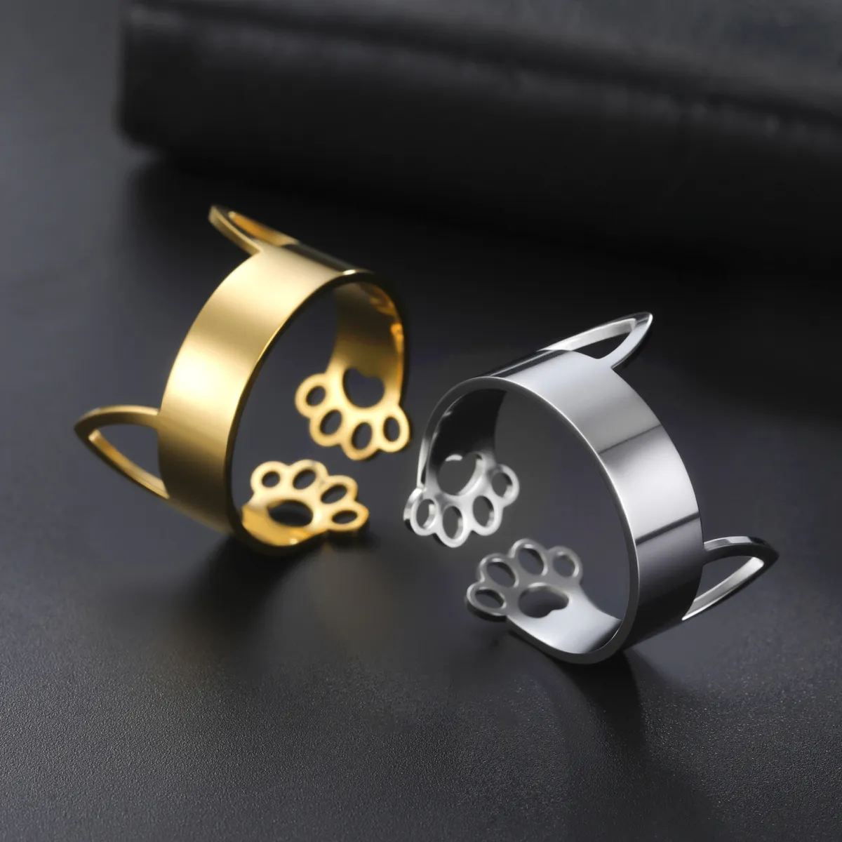 Women Fashion Cute Cat Paw 304 Stainless Steel Geometric Ring