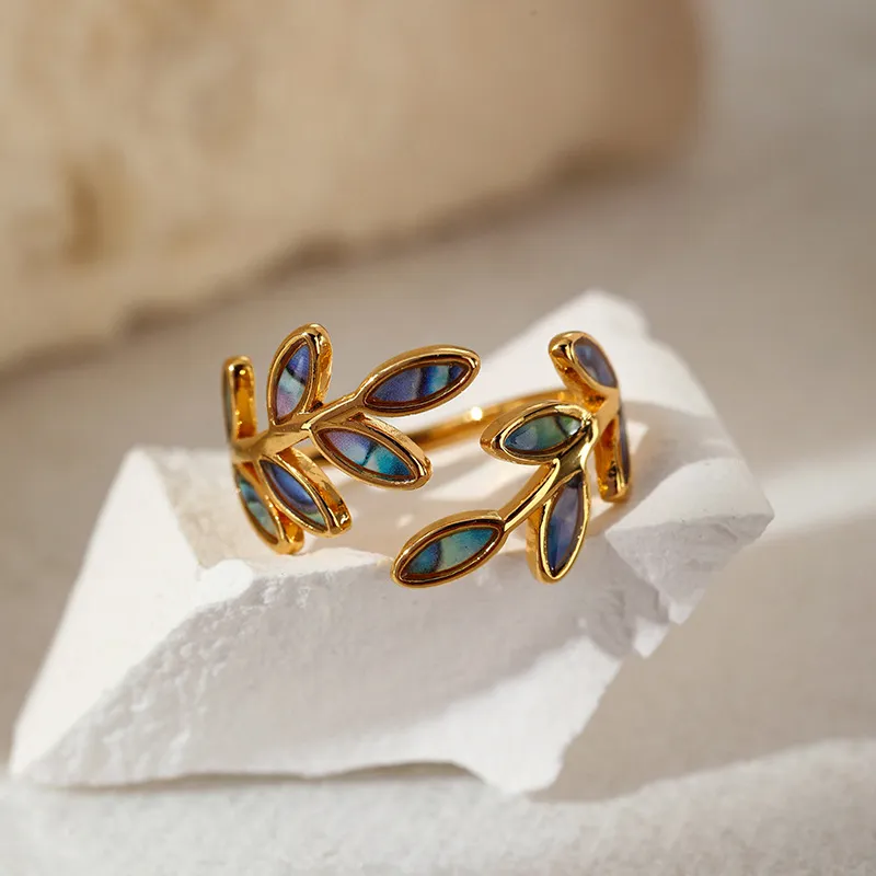 Women's Vintage Enamel Leaves 304 Stainless Steel Open Ring