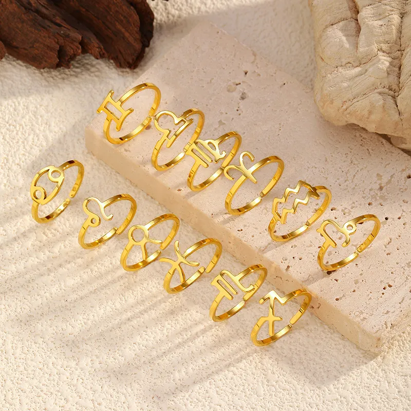 Women Fashion 12 Constellation Plated 304 Stainless Steel Opening Adjustable Ring
