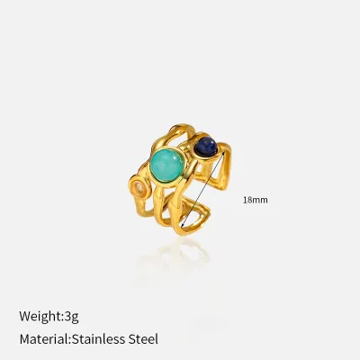 Women Fashion Colored Gemstone 304 Stainless Steel No Fading Open Ring