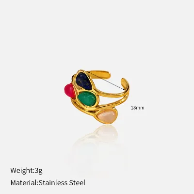 Women Fashion Colored Gemstone 304 Stainless Steel No Fading Open Ring