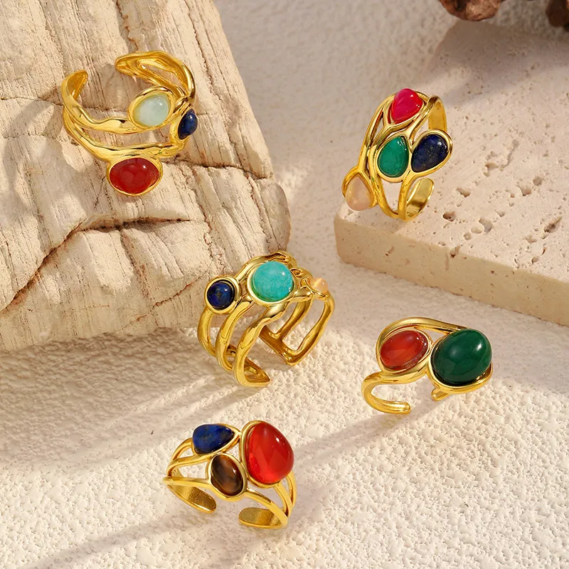 Women Fashion Colored Gemstone 304 Stainless Steel No Fading Open Ring