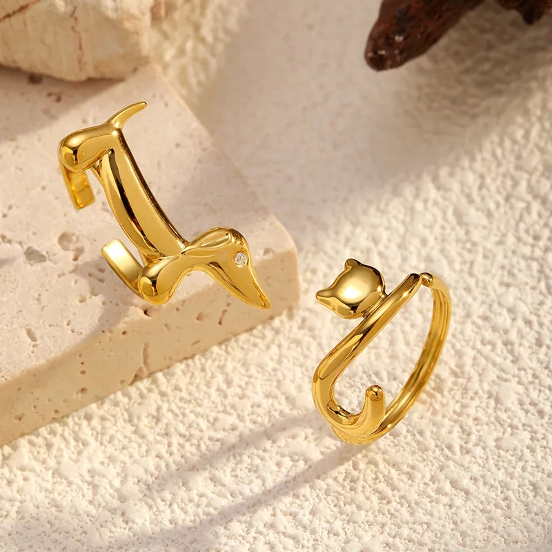 Women Fashion Creative 304 Stainless Steel Dachshund Dog Adjustable Opening Ring