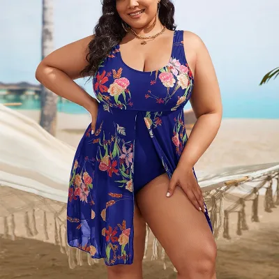 Women Fashion Sexy Plus Size Digital Print Split Tankini Swimsuit