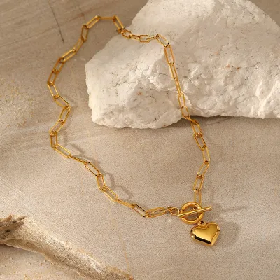 Women's 304 Stainless Steel Gold Peach Heart Pendant Paper Clip Chain Necklace