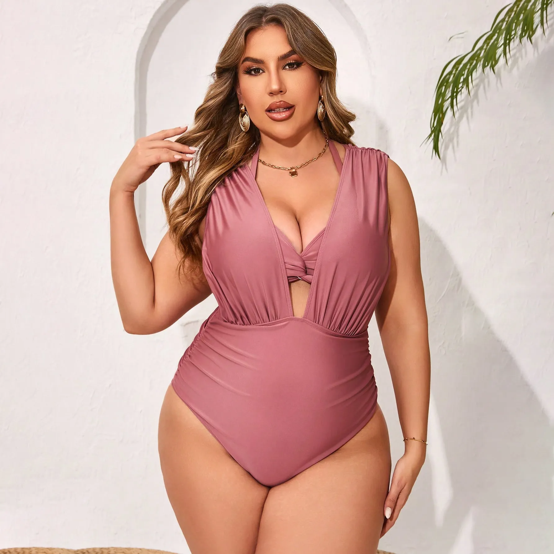 Women Fashion Sexy Solid Color Plus Size One-Piece Swimsuit