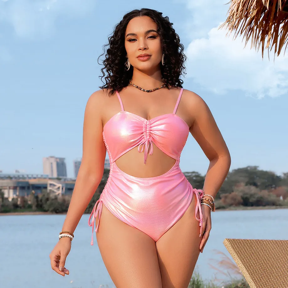 Women Fashion Sexy Plus Size Solid Color Drawstring One-Piece Swimsuit