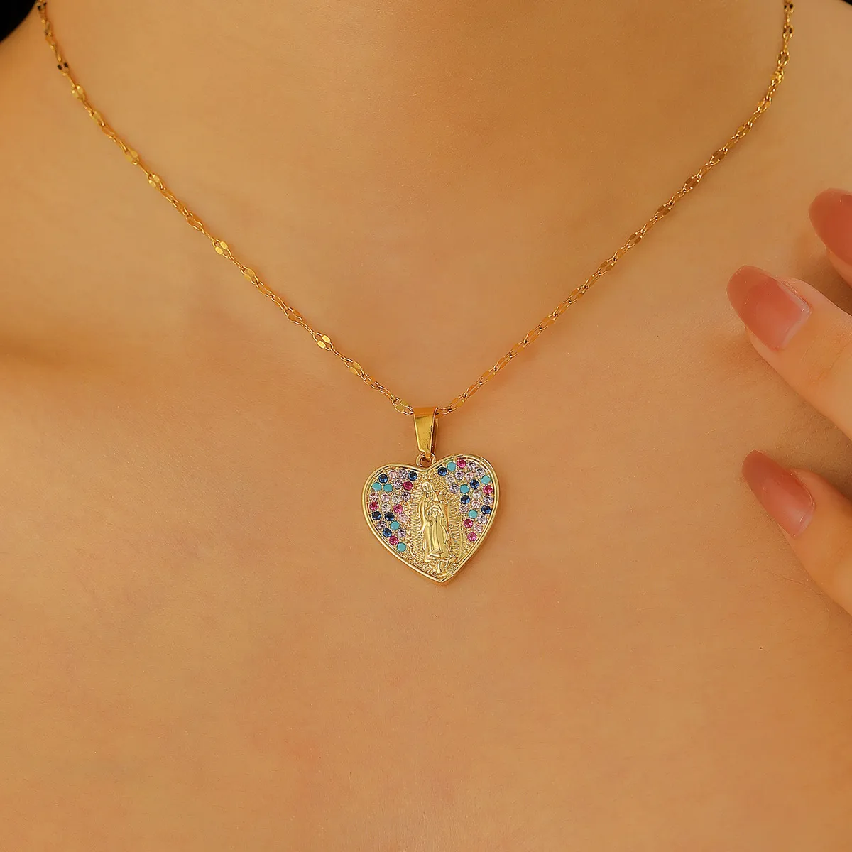 Women Fashion Simple Zircon Love Pendant Stainless Steel Necklace